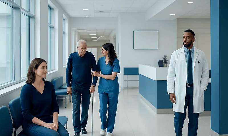 Medical consultation in a modern hospital corridor with healthcare professionals and patient.