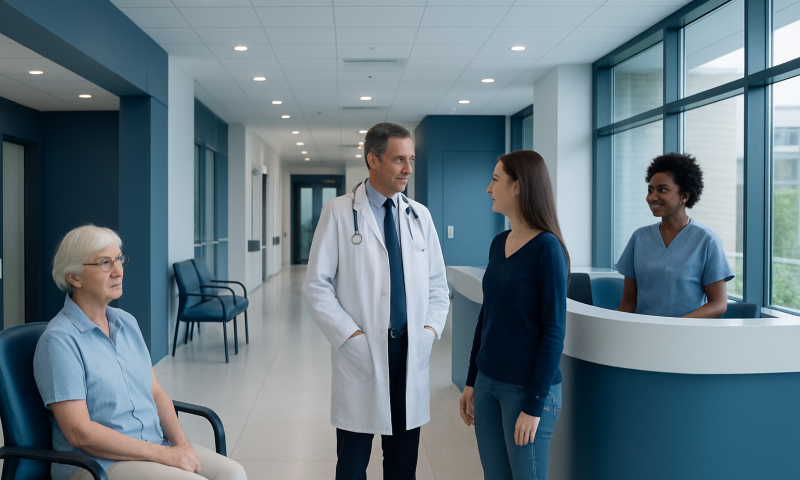 Doctor consulting with patient in hospital corridor with nurse nearby.