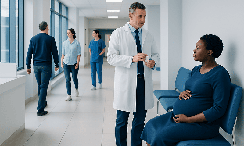 Doctor consulting pregnant woman in hospital corridor at Acibadem Hospitals Group.