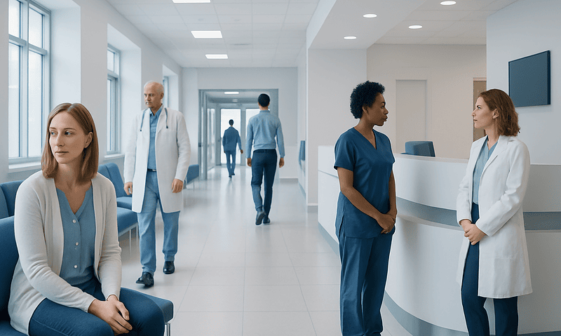 Medical staff and patients in a modern hospital corridor.