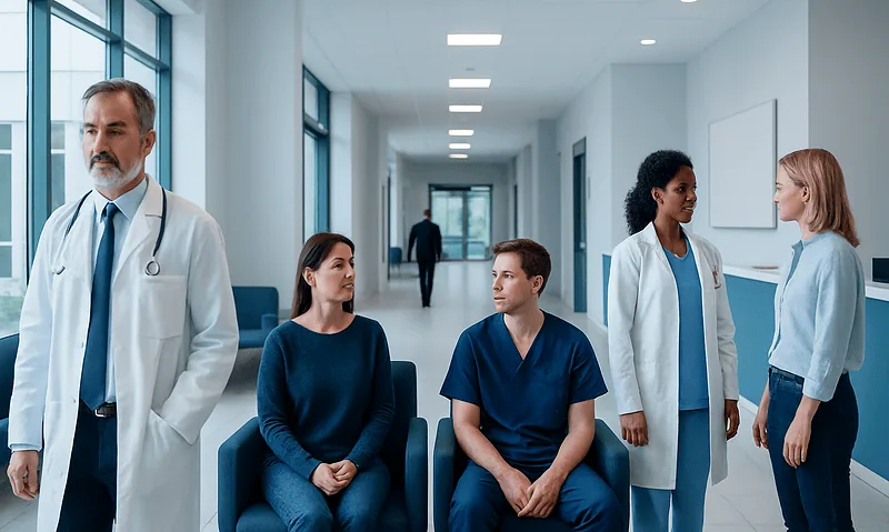 Medical team and patients in hospital corridor at Acibadem Hospitals Group.