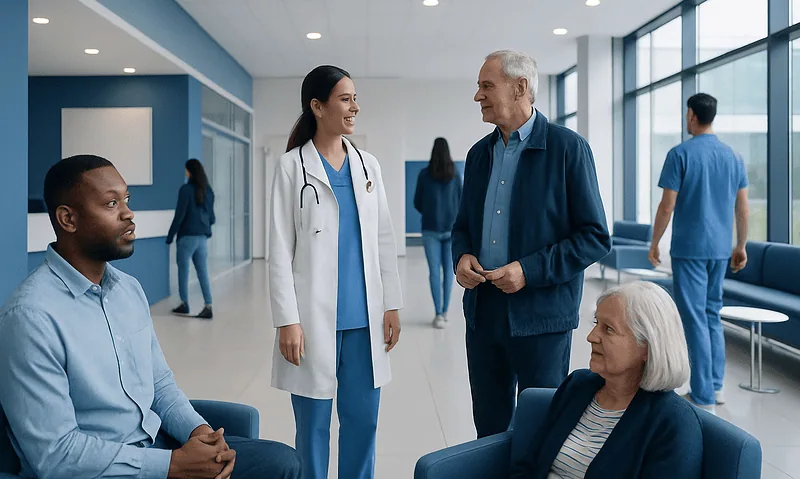 Healthcare professionals and patients in a modern hospital lobby.