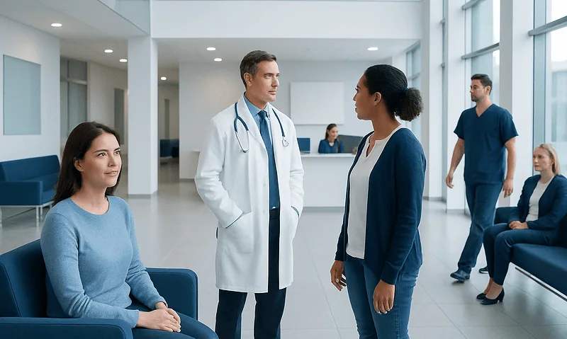 Medical consultation in a modern hospital lobby with healthcare professionals and patients.