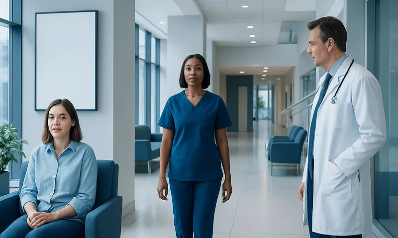 Medical consultation in a modern hospital corridor with a doctor and two patients.