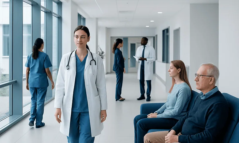 Healthcare professionals and patients in a modern hospital corridor.