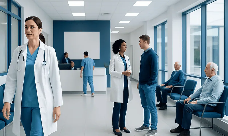 Healthcare professionals and patients in a modern hospital waiting area.