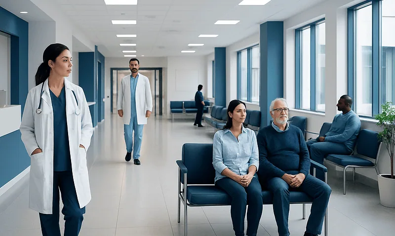 Medical professionals and patients in a modern hospital waiting area.