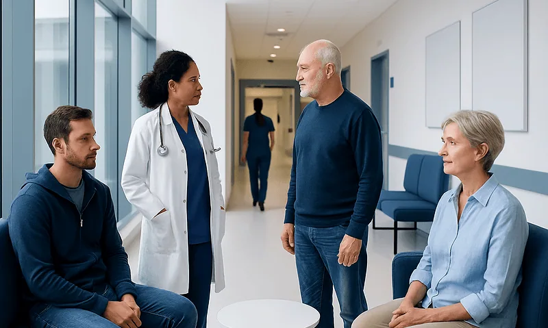Medical consultation with doctor and patients in hospital corridor.