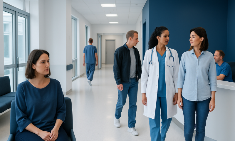 Metoclopramide: A Complete Medical Overview 17 Hospital corridor with medical staff and patients in a modern healthcare facility.