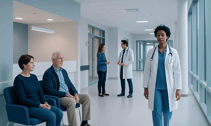Healthcare professionals and patients in a modern hospital corridor.