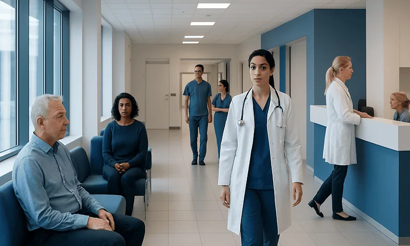 Medical professionals and patients in a modern hospital corridor.