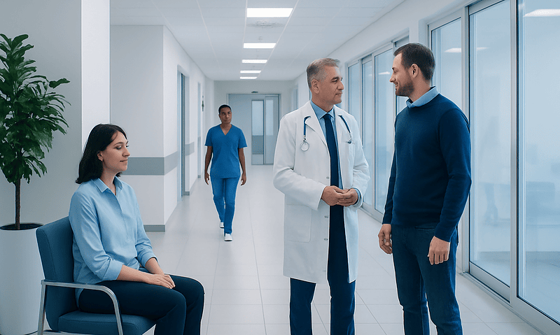 Doctors and patient in a hospital corridor at Acibadem Hospitals Group.