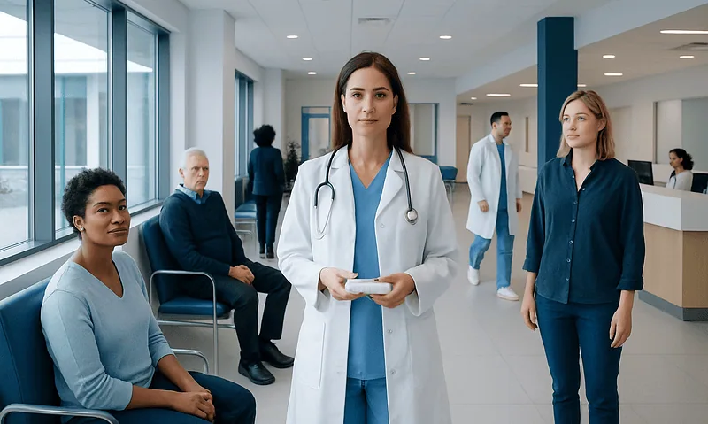 Healthcare professionals and patients in a modern hospital waiting area.