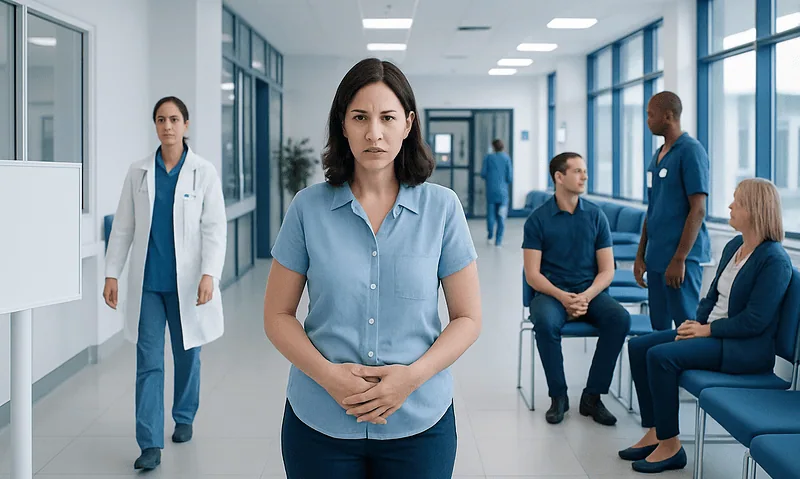 Concerned woman in hospital corridor with medical staff and patients.