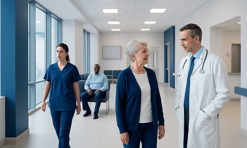 Healthcare professionals and patient in a modern hospital corridor.