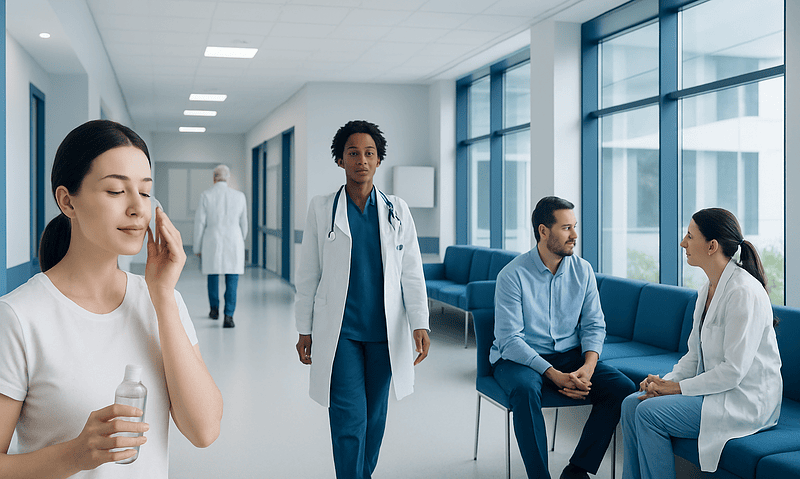 Patients and doctors in a modern hospital corridor.