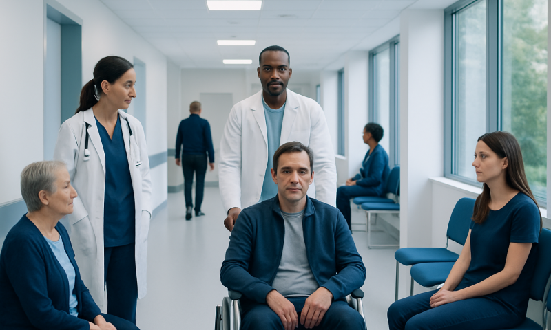 Medical team consulting with a patient in a hospital corridor.
