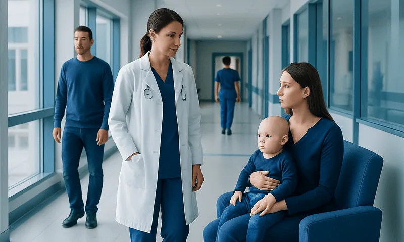 Healthcare professionals and a mother with a child in a hospital corridor.