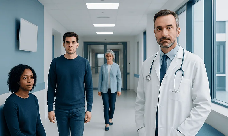 Medical team with doctor and patients in hospital corridor.