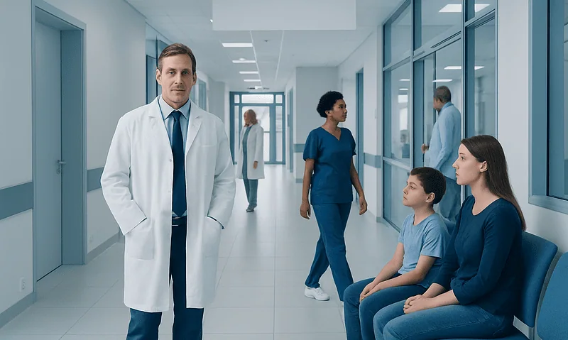 Medical professionals and patients in a hospital corridor.