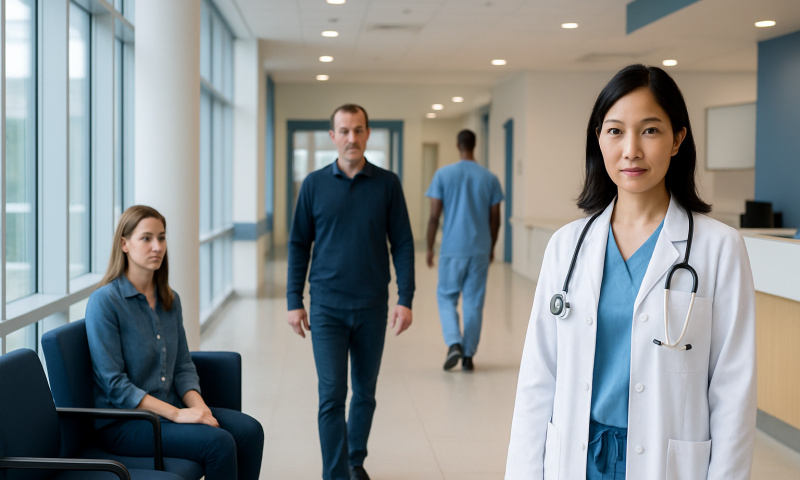 Medical professional with patients in a hospital corridor.