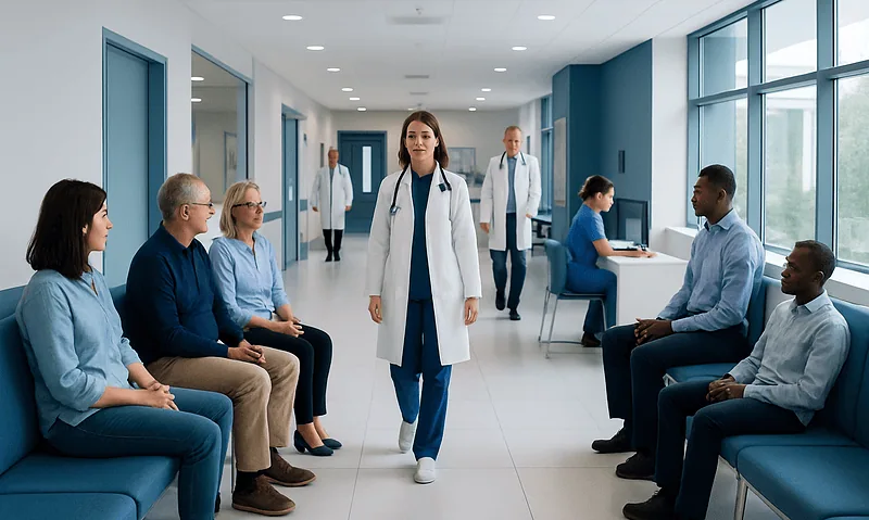 Medical consultation in a hospital corridor with diverse patients and doctors.