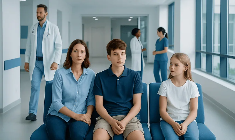 Young boy and girl with mother in hospital waiting area with doctors in background.