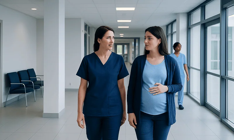 Healthcare professionals walking in hospital corridor with pregnant woman.