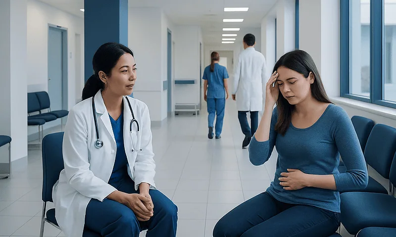 Doctor consulting with a patient in a hospital corridor.