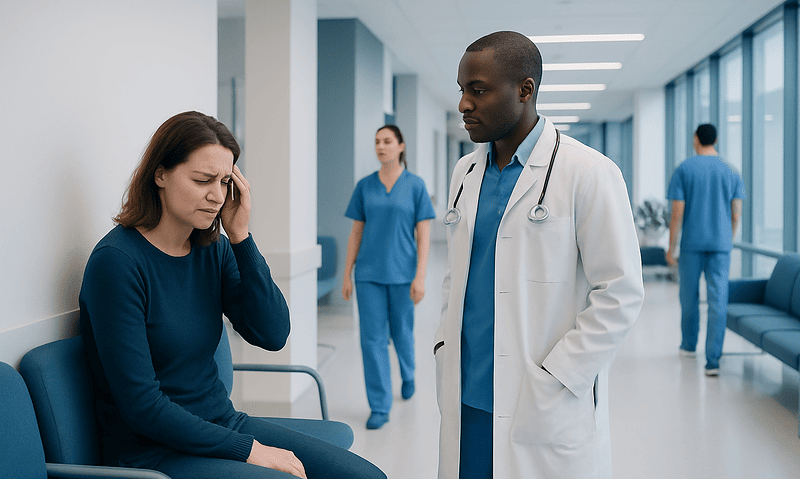 Patient experiencing headache consulting with doctor in hospital corridor.