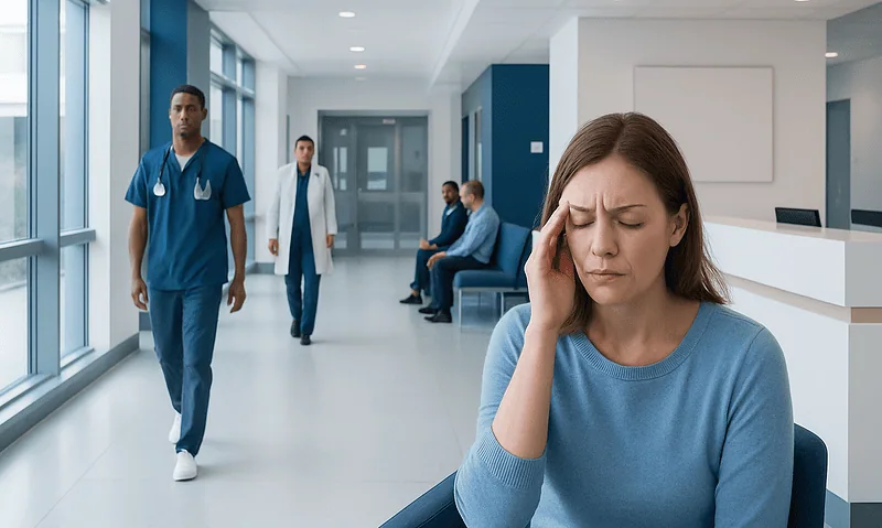 Woman with headache in hospital corridor, healthcare professionals in background.