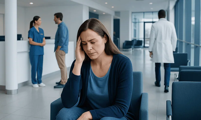 Woman with headache in hospital waiting area, healthcare professionals in background.