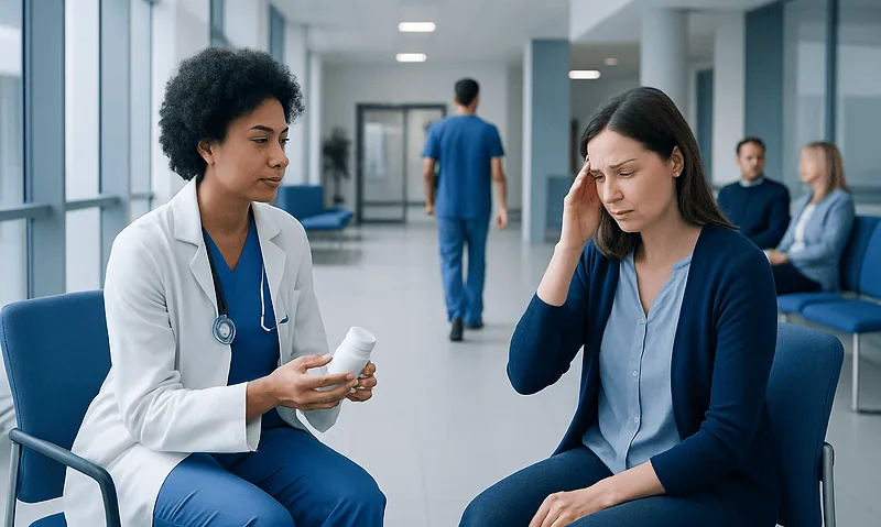 Doctor consulting with a patient experiencing headache in hospital corridor.