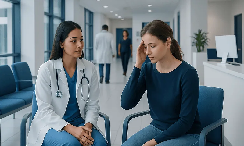 Doctor consulting a patient in a hospital corridor.