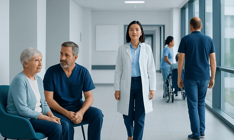 Medical professionals and elderly patients in a hospital corridor.