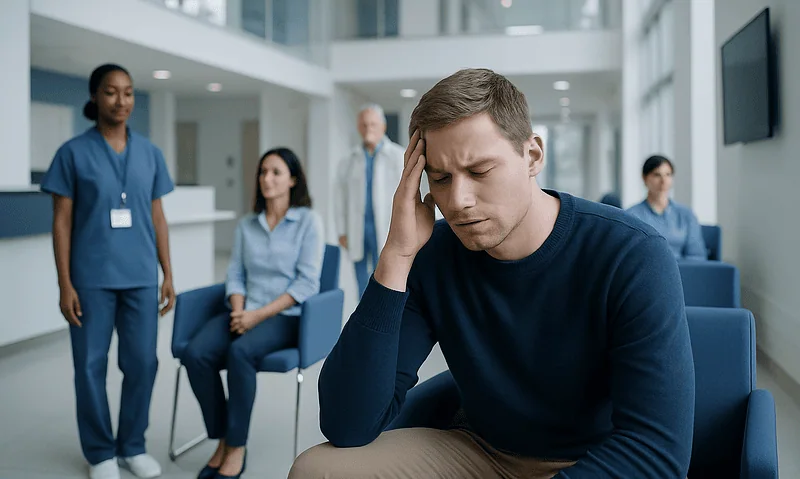 Young man experiencing headache in hospital waiting area with medical staff nearby.