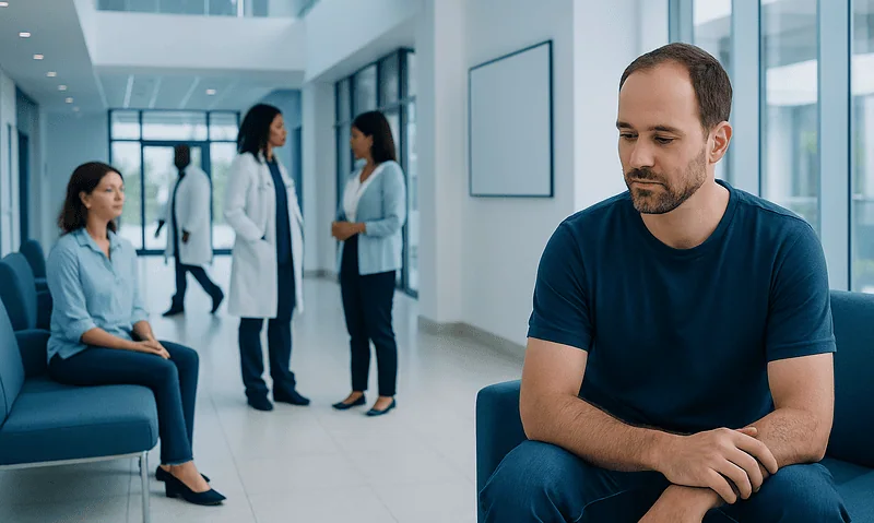 Patient waiting in a hospital corridor with medical staff in background.