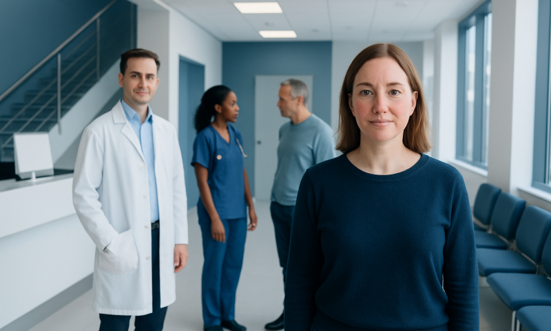 Medical team at Acibadem Hospital with a patient in a modern clinic setting.