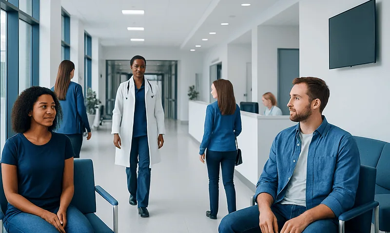 Patients waiting in a modern hospital corridor with medical staff present.