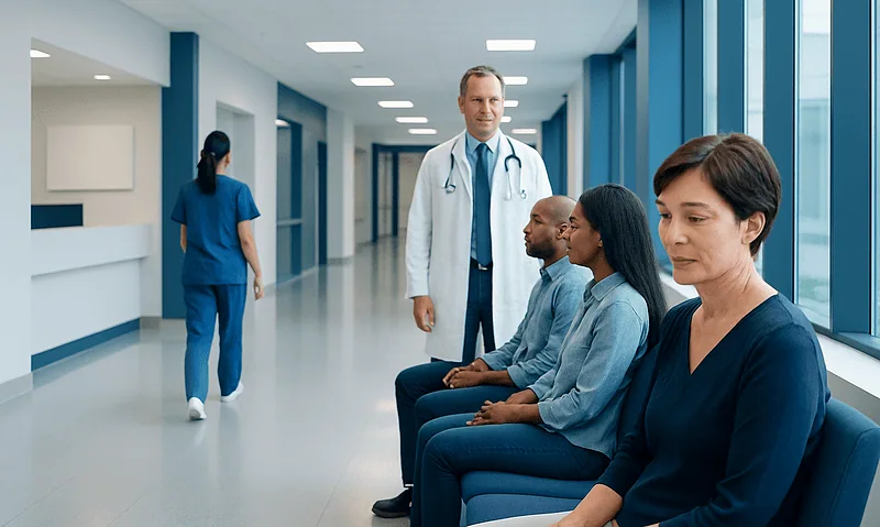 Doctor consulting with diverse patients in hospital corridor.