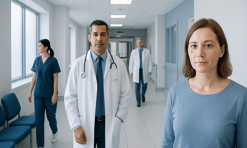 Medical team in hospital corridor with patient and staff members.