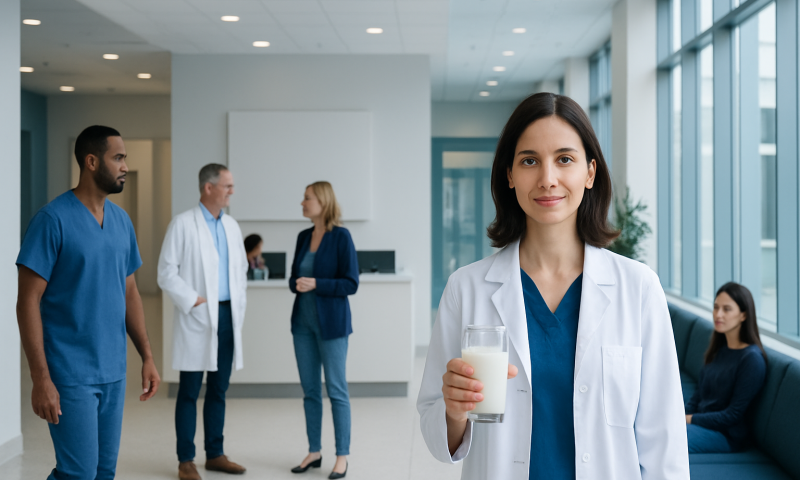 Healthcare professionals and patients in a modern hospital lobby.