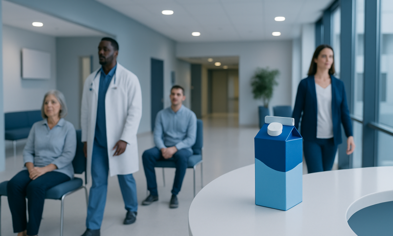 Medical professionals in a hospital waiting area with a milk carton on a table.