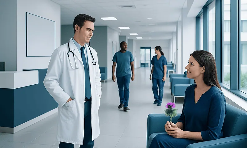 Doctor talking to a patient in a hospital corridor with medical staff in the background.