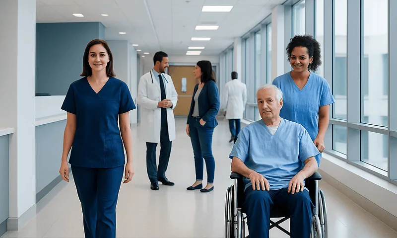 Healthcare professionals and a patient in a hospital corridor.