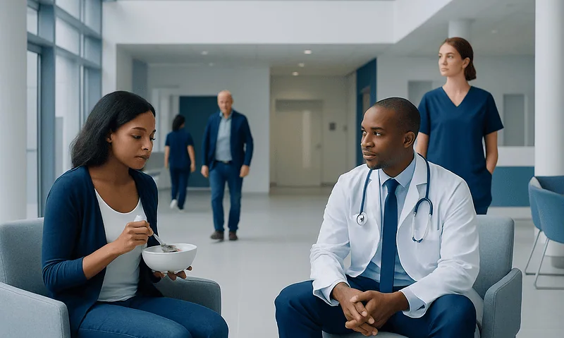 Patient consulting with doctor in hospital lobby.