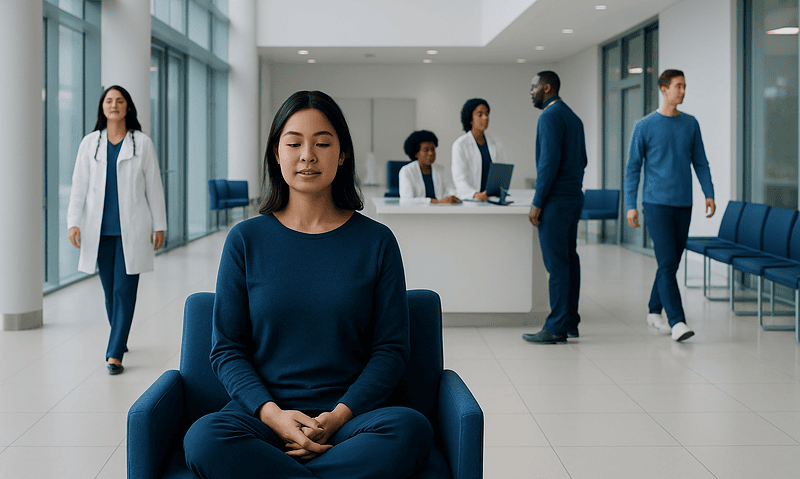 Patient practicing mindfulness meditation in hospital lobby.