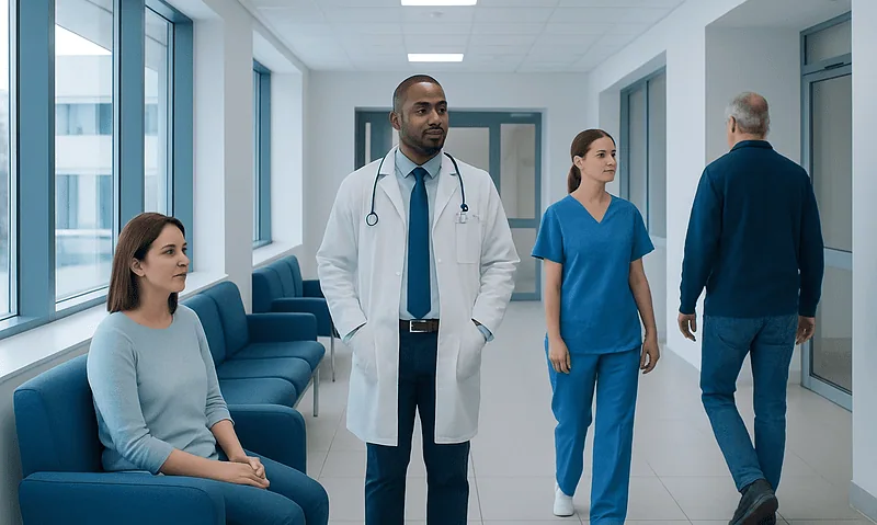 Medical professionals and patient in hospital corridor at Acibadem Hospitals Group.