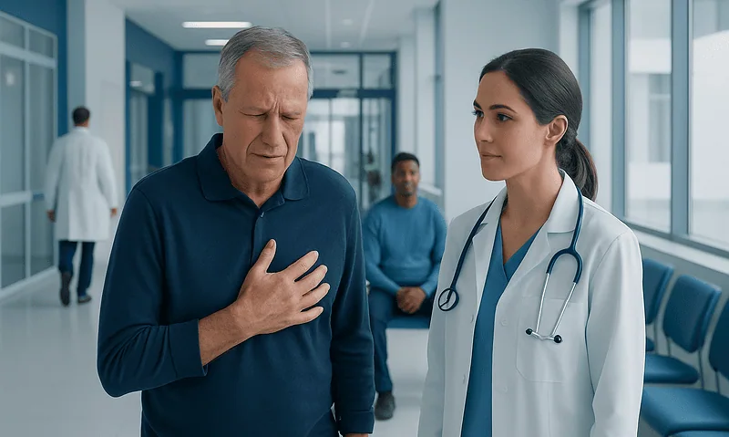 Mini Heart Attack Symptoms: Possible Causes and When to Seek Care 14 Senior man experiencing chest pain in hospital corridor with doctor present.