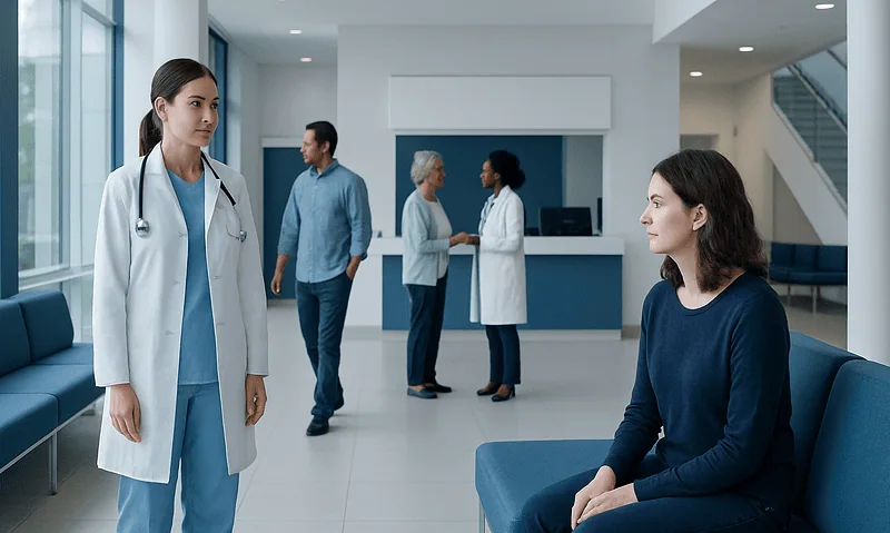 Doctor and patient in hospital lobby engaging in consultation.